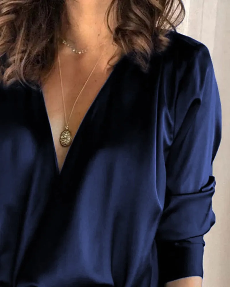 Satin V Neck Long Sleeve Top