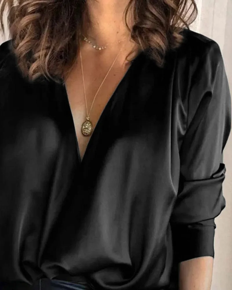 Satin V Neck Long Sleeve Top