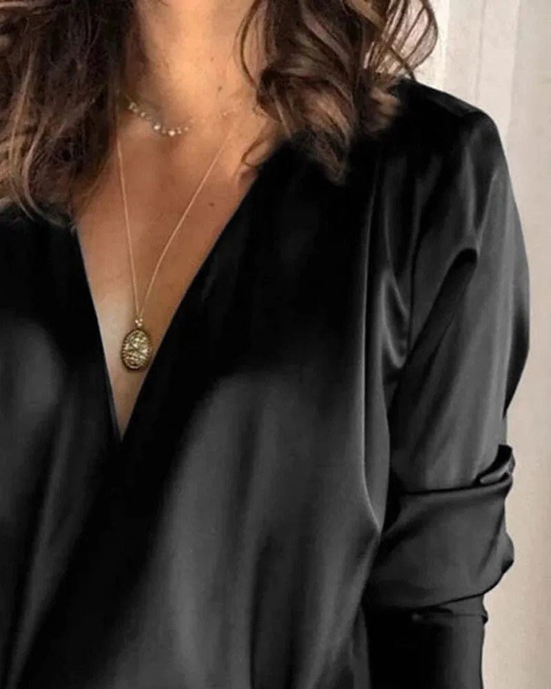 Satin V Neck Long Sleeve Top