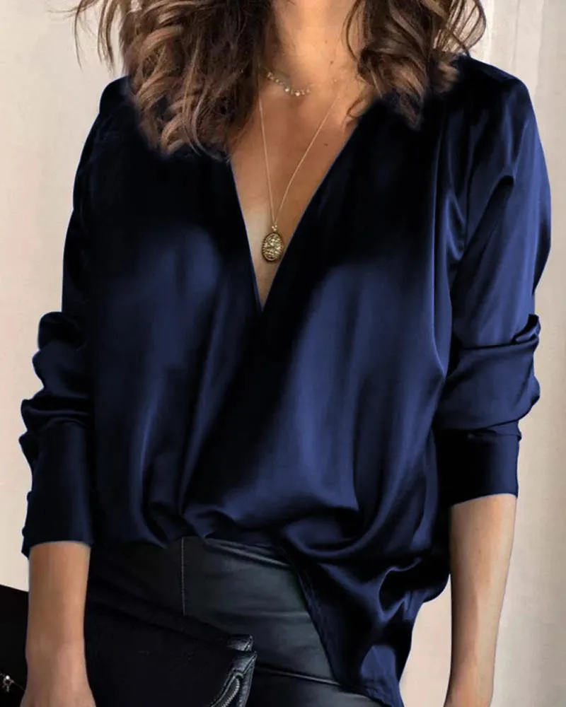 Satin V Neck Long Sleeve Top