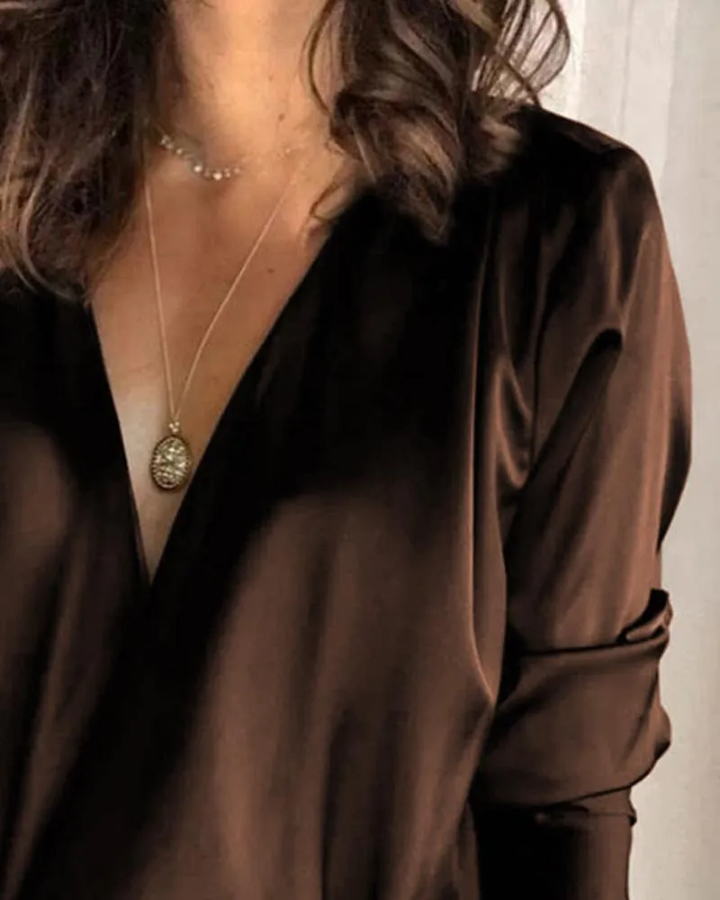 Satin V Neck Long Sleeve Top