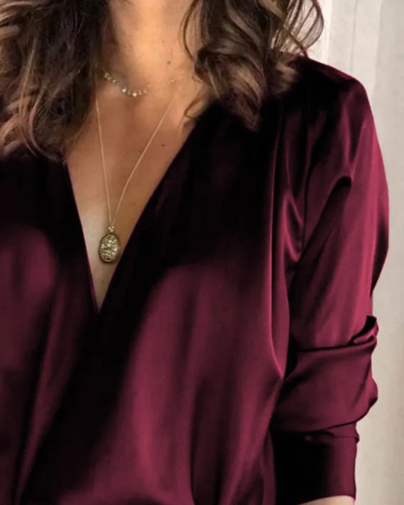 Satin V Neck Long Sleeve Top