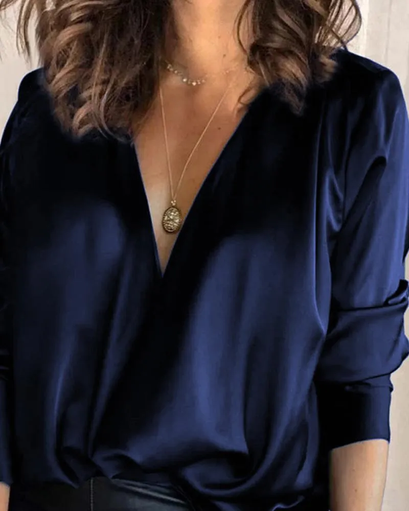 Satin V Neck Long Sleeve Top