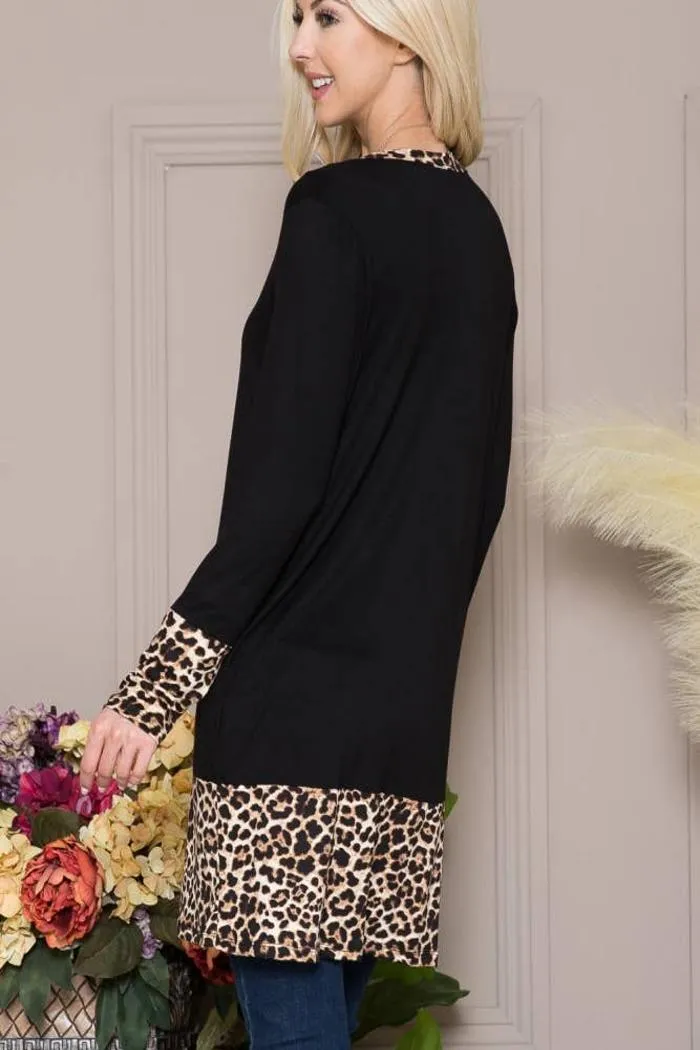 Solid Button-Down Leopard Cardigan