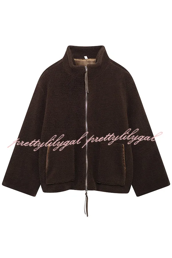 Solid Color Stitching High Collar Long Sleeve Loose Pocket Woolen Coat