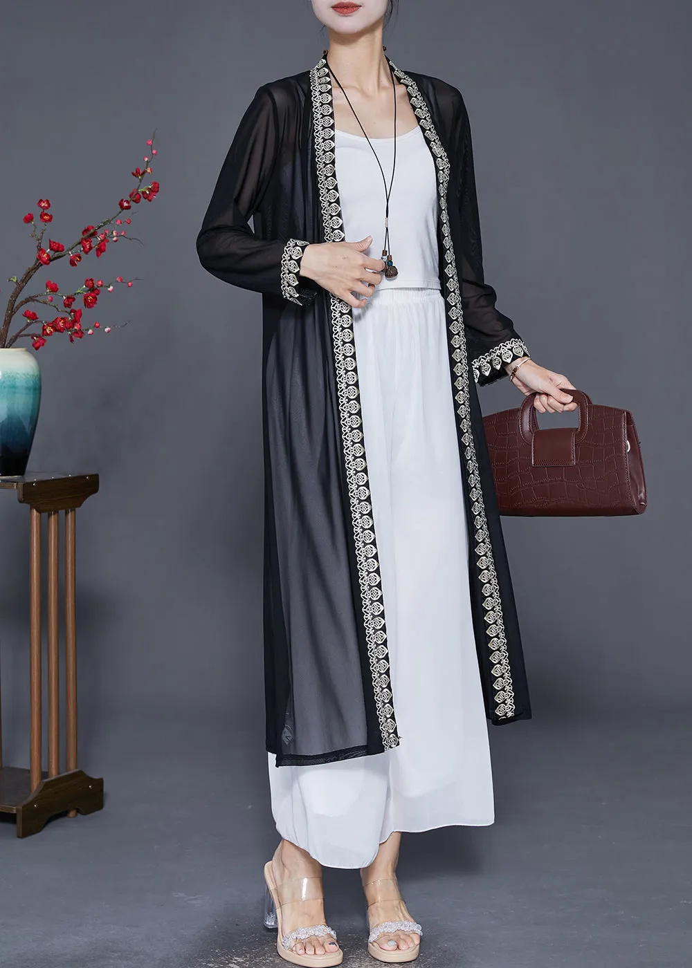 Style Black Lace Patchwork Chiffon UPF 50  Cardigans Summer