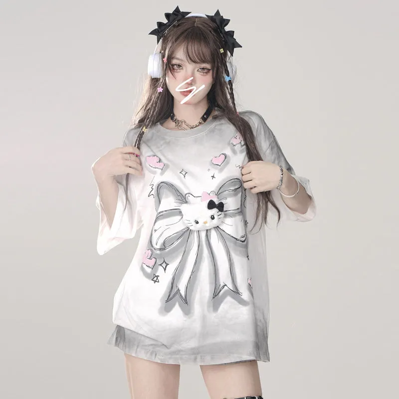 Summer Sweet Girl Style Hello Kitty Print Loose T-shirt