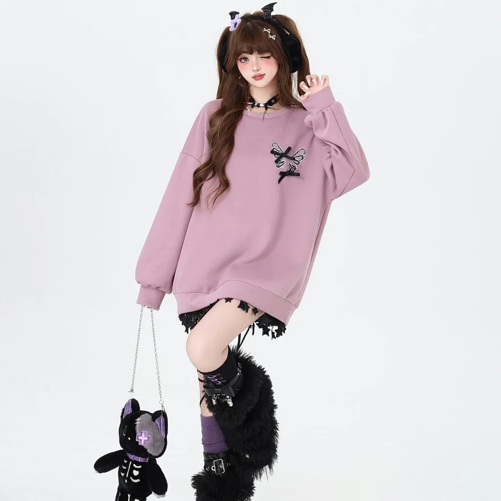 Sweet Cool Soft Girl Style Bow Tie Round Neck Loose Sweatshirt
