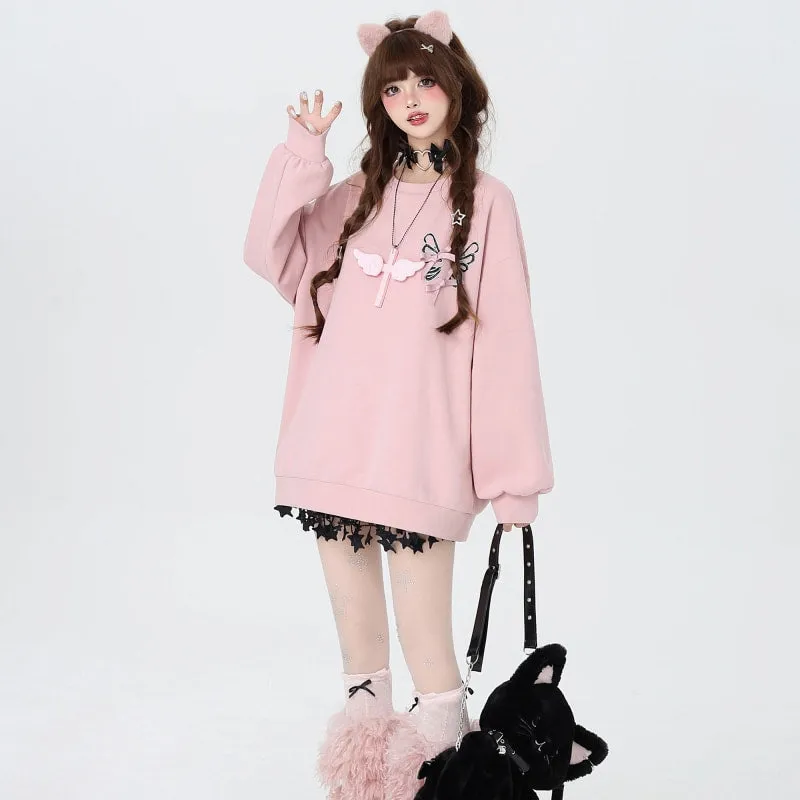 Sweet Cool Soft Girl Style Bow Tie Round Neck Loose Sweatshirt