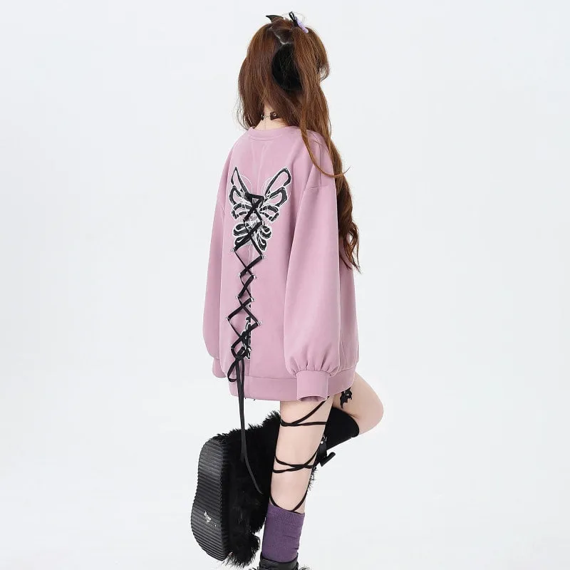 Sweet Cool Soft Girl Style Bow Tie Round Neck Loose Sweatshirt