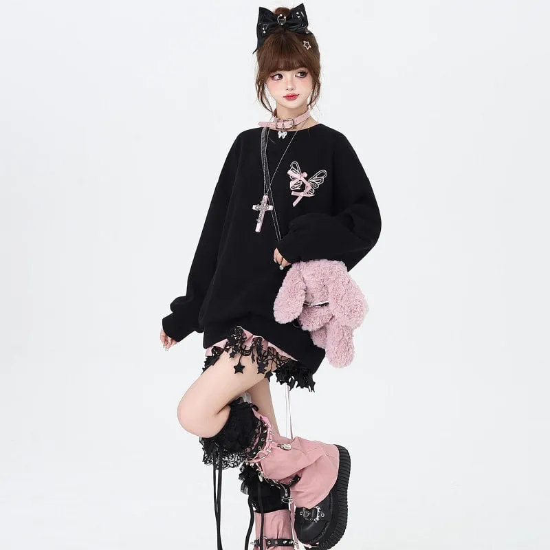 Sweet Cool Soft Girl Style Bow Tie Round Neck Loose Sweatshirt