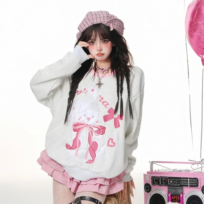 Sweet Girl Style 3D Pink Rabbit Embroidery Loose Sweatshirt