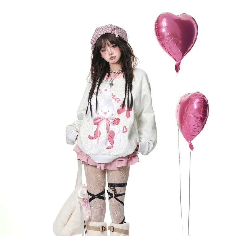 Sweet Girl Style 3D Pink Rabbit Embroidery Loose Sweatshirt