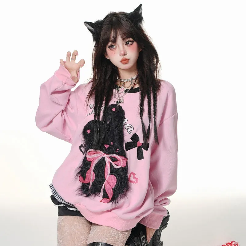 Sweet Girl Style 3D Pink Rabbit Embroidery Loose Sweatshirt