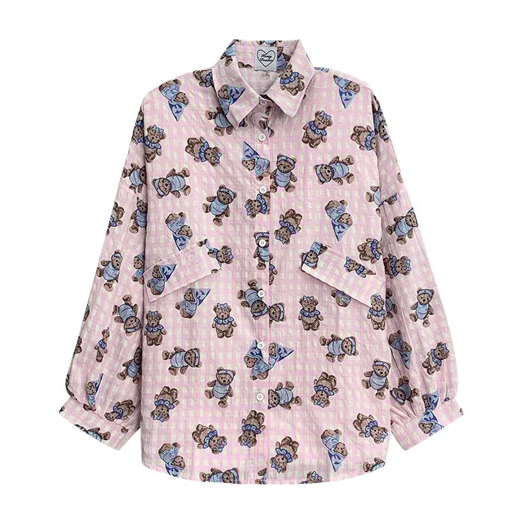 Sweet Soft Girl Style Pink Bear Print Shirt