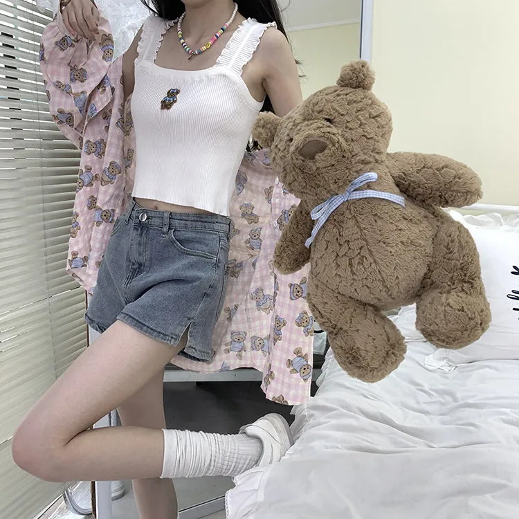 Sweet Soft Girl Style Pink Bear Print Shirt