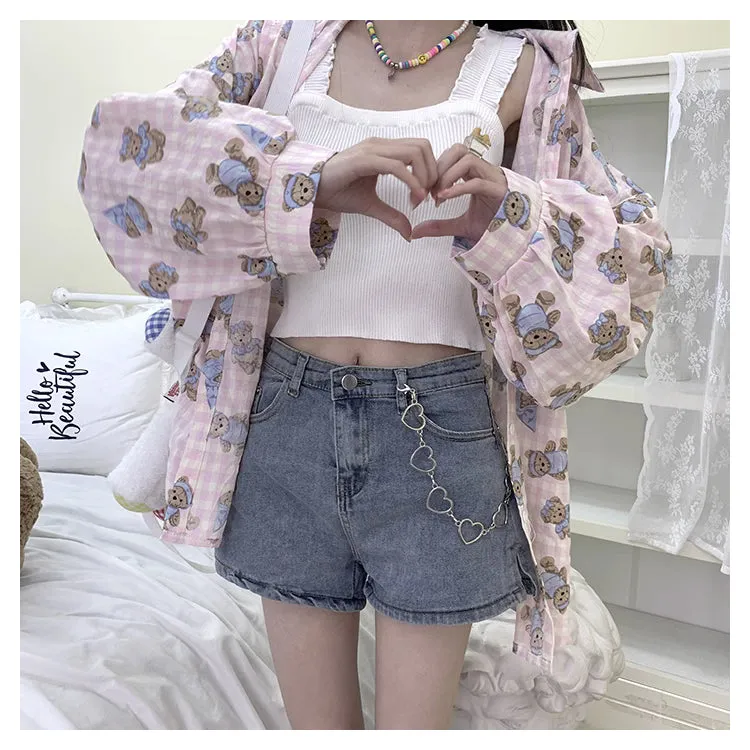 Sweet Soft Girl Style Pink Bear Print Shirt