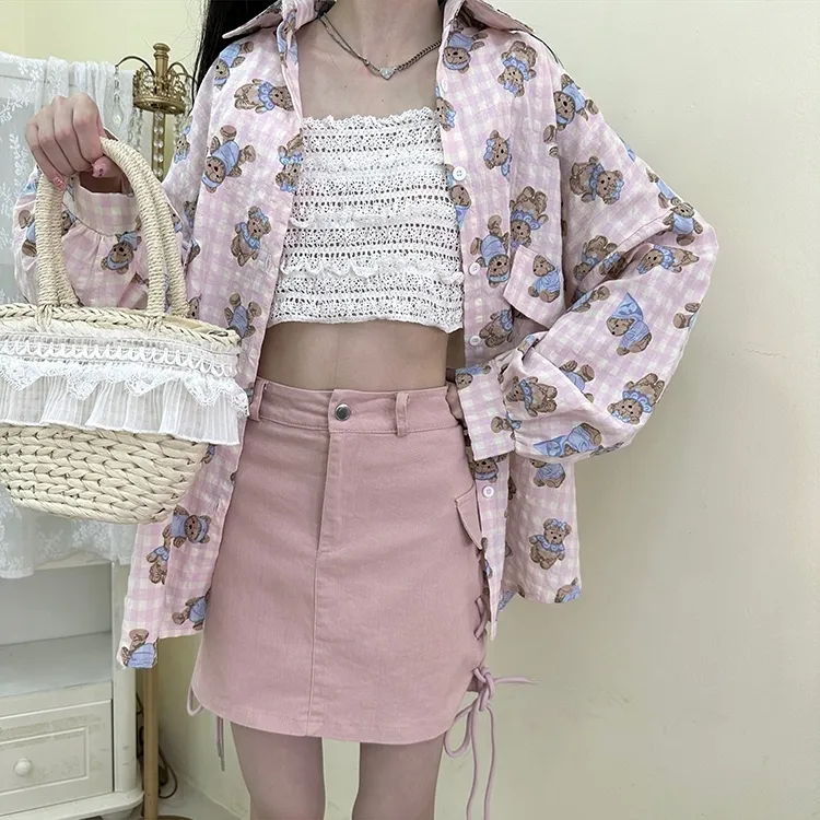 Sweet Soft Girl Style Pink Bear Print Shirt