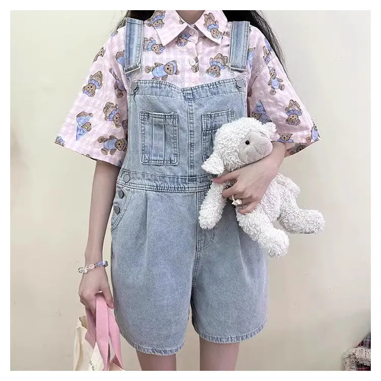 Sweet Soft Girl Style Pink Bear Print Shirt