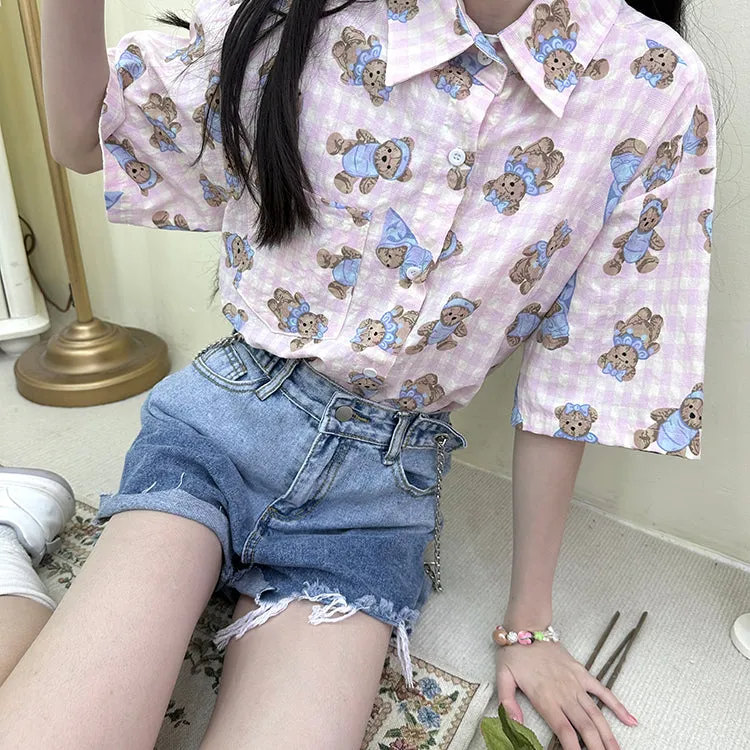 Sweet Soft Girl Style Pink Bear Print Shirt