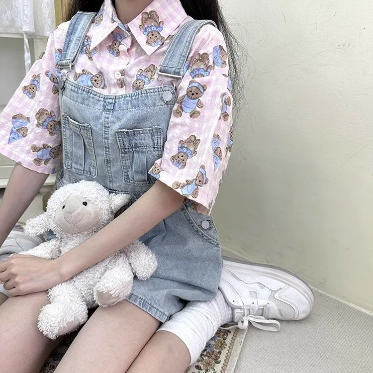 Sweet Soft Girl Style Pink Bear Print Shirt