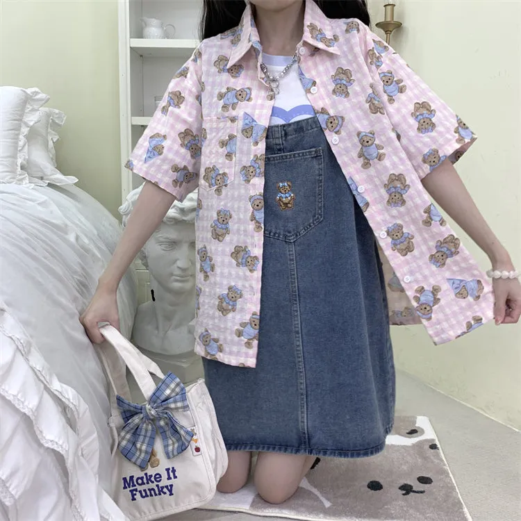 Sweet Soft Girl Style Pink Bear Print Shirt