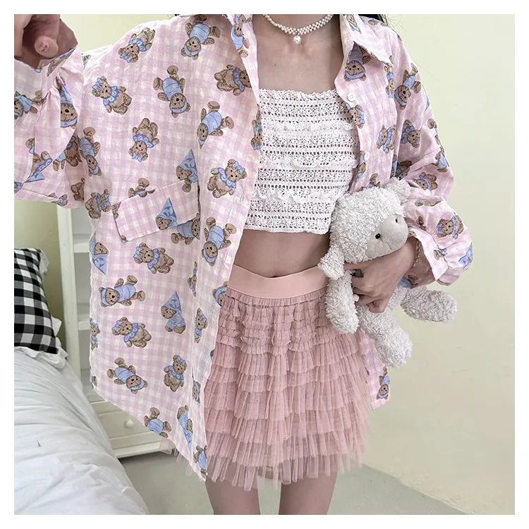 Sweet Soft Girl Style Pink Bear Print Shirt