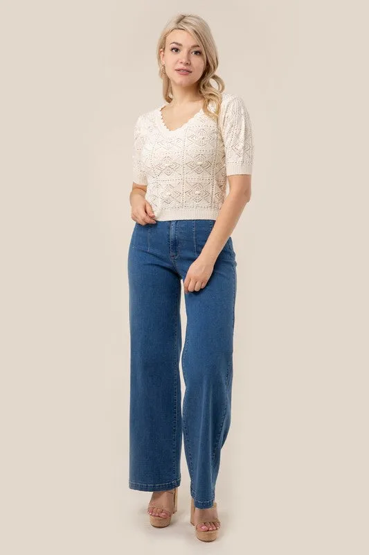Timeless Transition V-Neck Puff Sleeve Crochet Top