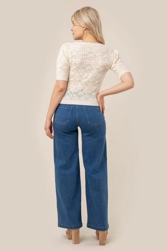 Timeless Transition V-Neck Puff Sleeve Crochet Top