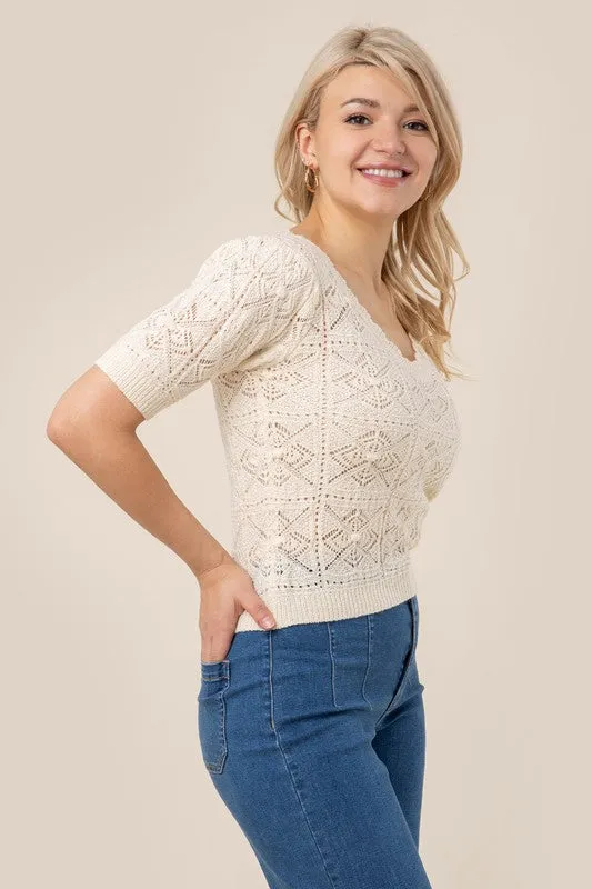 Timeless Transition V-Neck Puff Sleeve Crochet Top