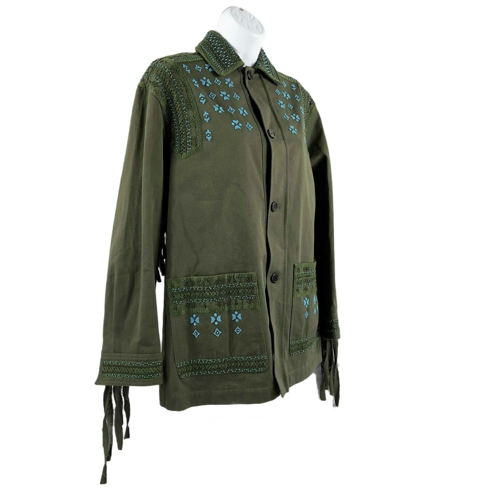 Valentino - Beaded Embroidered Fringe Back Jacket - Olive Green - Size 00