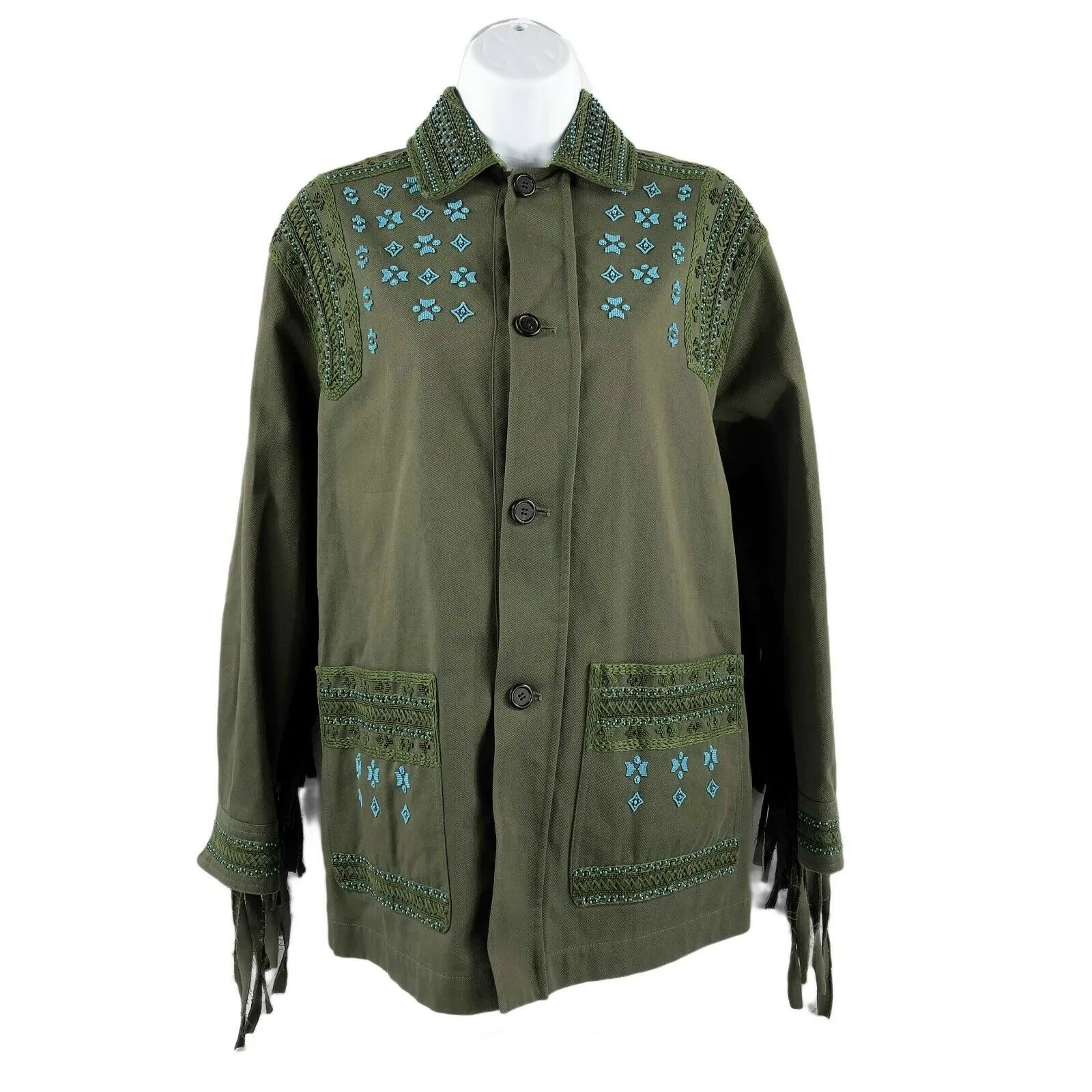 Valentino - Beaded Embroidered Fringe Back Jacket - Olive Green - Size 00