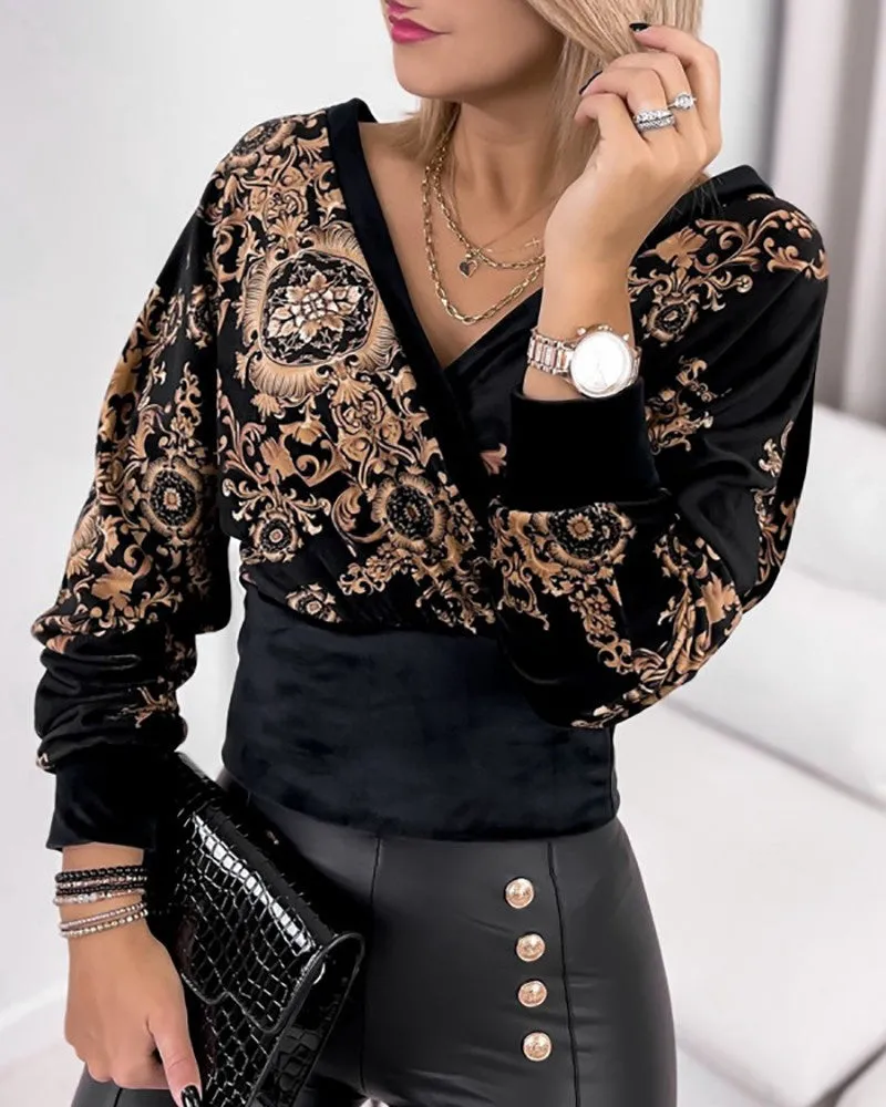 Velvet Long Sleeve Baroque Print Top