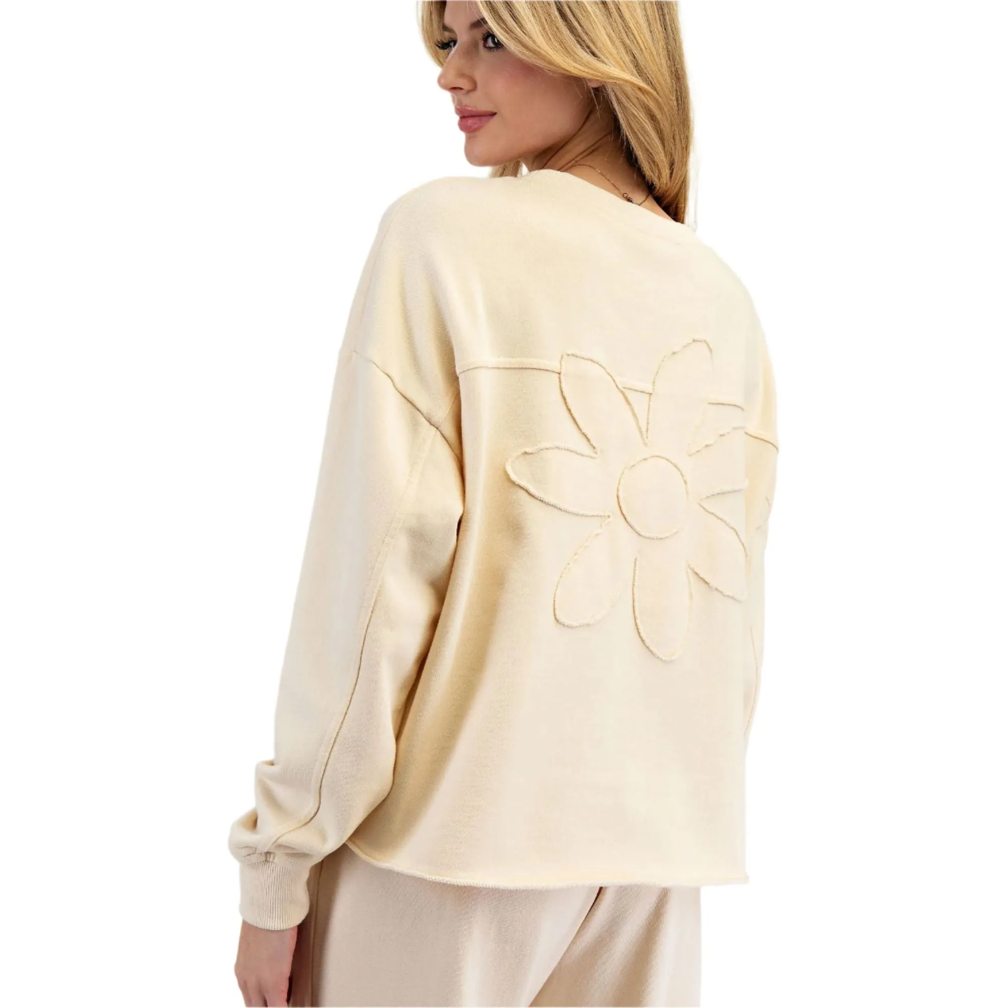Women's Easel Flower Patch Washed Terry Knit Pullover ET71225